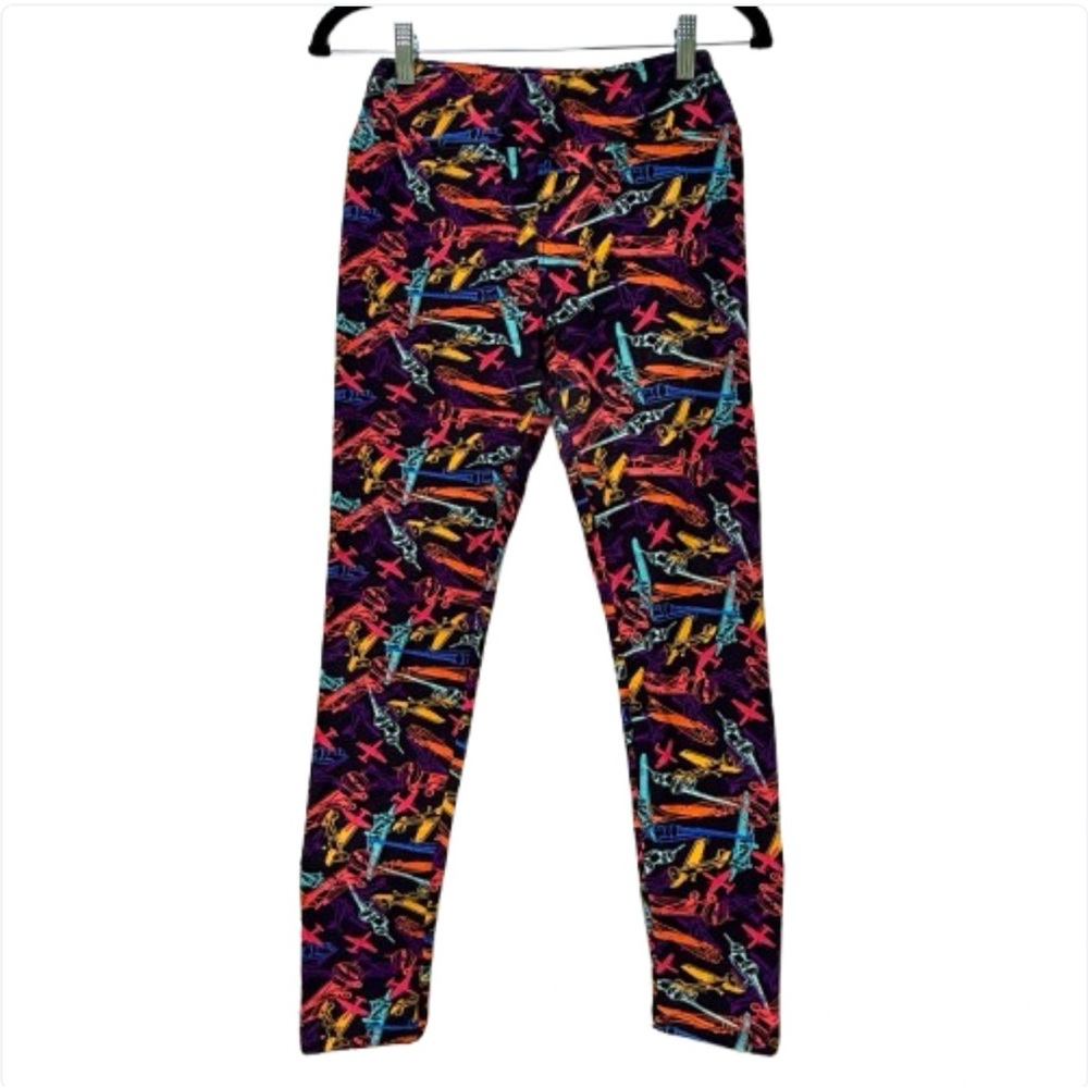 LULAROE LEGGINGS BLACK BRIGHTNESS AIRPLANES SUPER SOFT OSFM